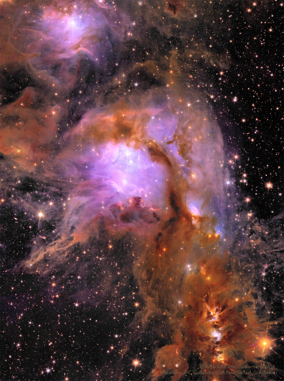 图中显示了一个充满复杂的黝黑尘埃和亮紫色星云的星场。有关更多详细信息，请参阅说明。
