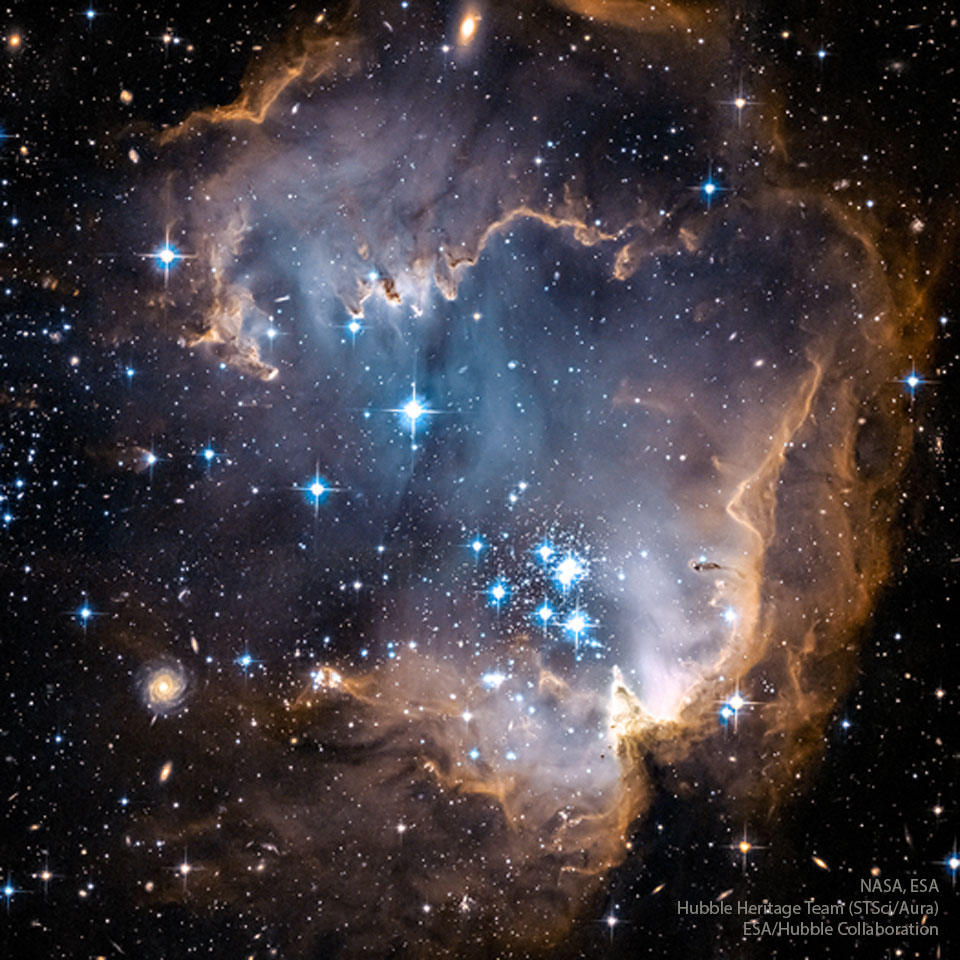 图中展示了一个位于气体云中的星团，其形状看起来像一只牡蛎。翻转图像不仅在可见光，而且在X射线和红外线中也显示出相同的星团。有关更多详细信息，请参阅说明。