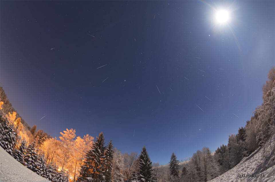 照片下方是一片雪景，星空下是明亮的月亮，位于右上方。可以看到许多流星痕，都是那天夜晚拍摄的。有关更多详细信息，请参阅说明。